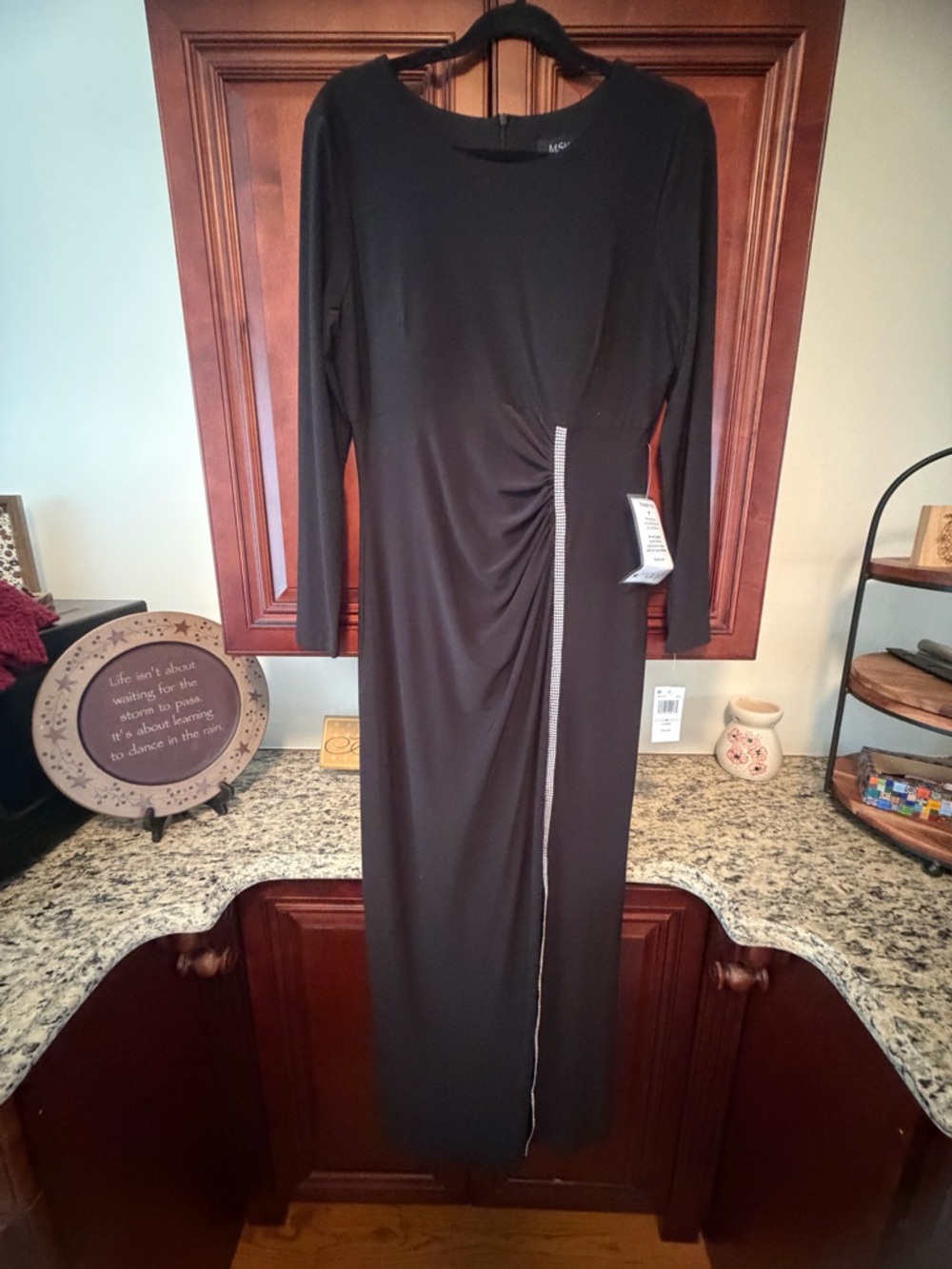 MSK Black Long-Sleeve Ruched Gown with Rhinestone Trim